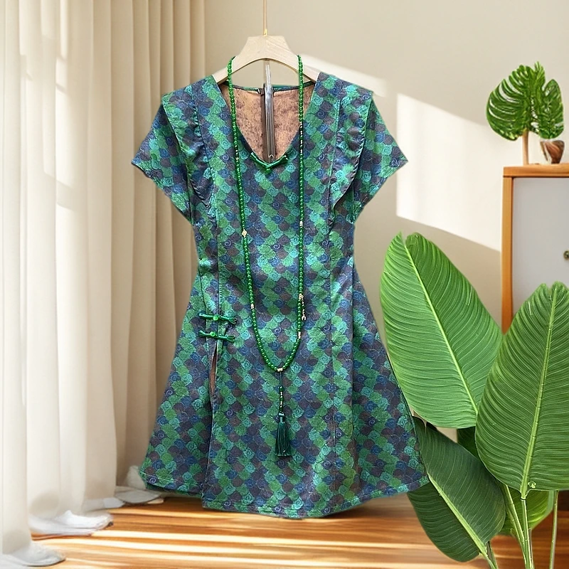 2025大码女装胖妹妹新中式盘扣减龄拼接时尚上衣加短裤高级感套装