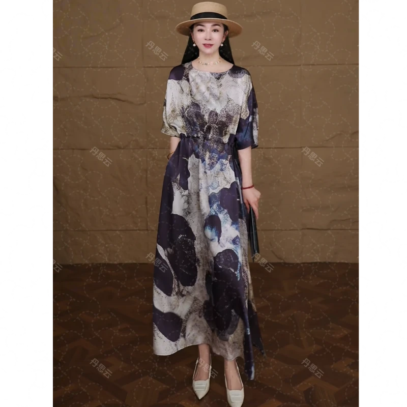 A2502100%重磅桑蚕丝裙子气质连衣裙蓝色长款长裙夏季宽松女款