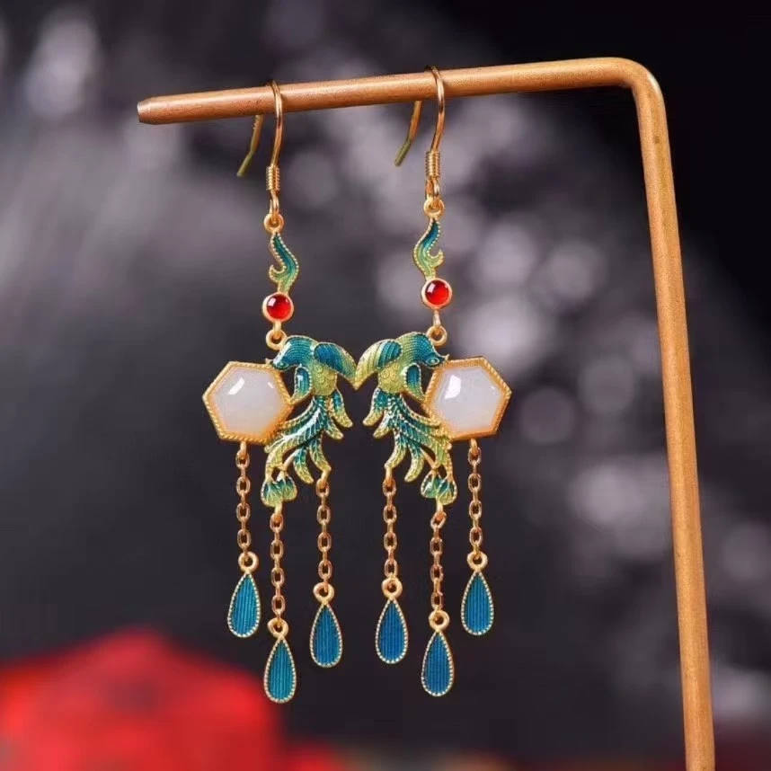 铜合金珐琅耳饰 s925古法传承鎏金工艺民族风凤凰耳坠感流苏耳饰