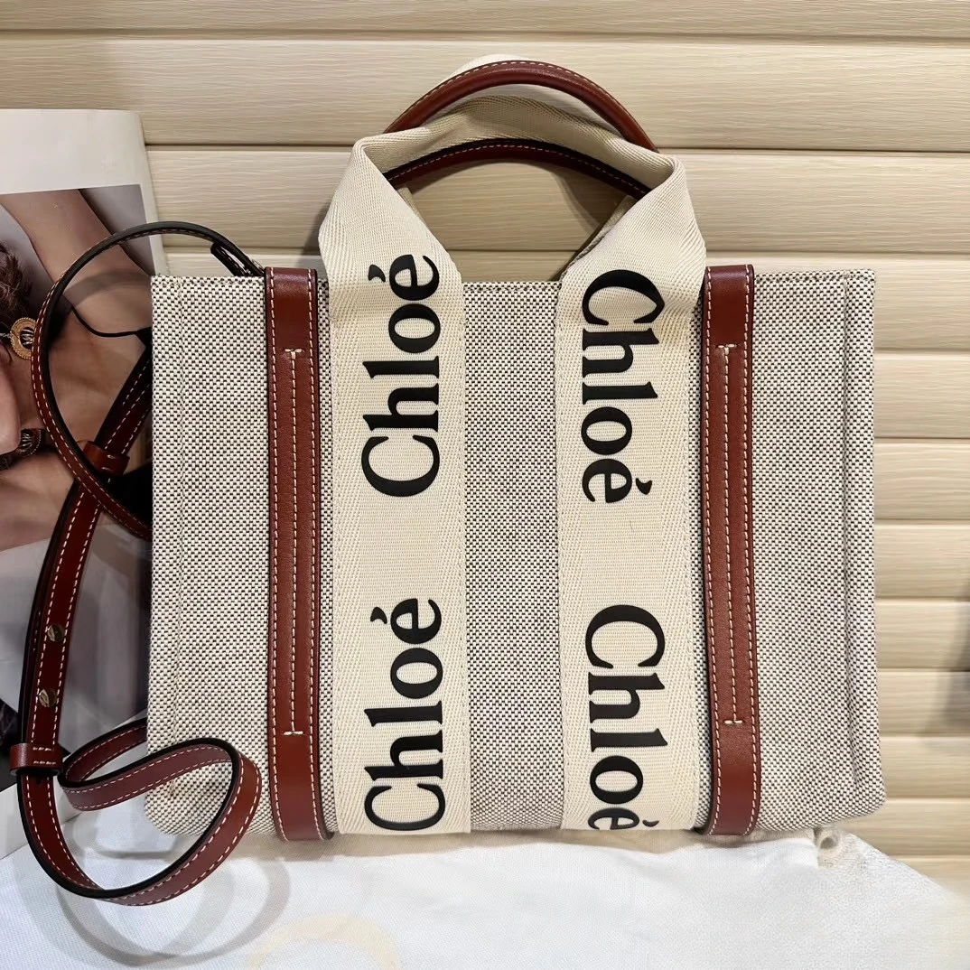 99新 Chloe/蔻依 Woody小号米色帆布托特包单肩包