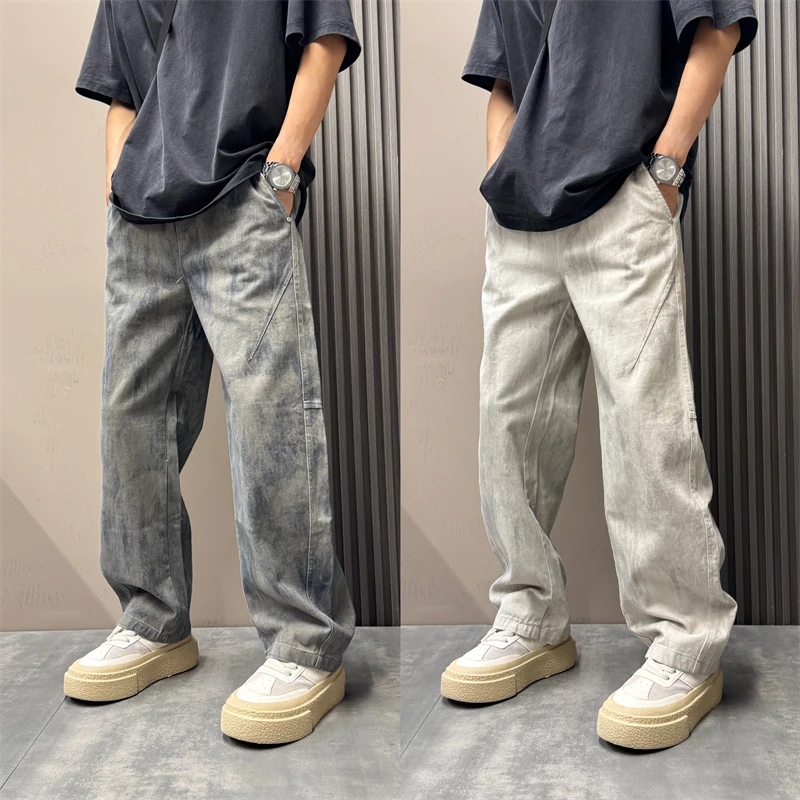 2025秋季新款做旧扎染脏脏休闲裤男痞帅渐变抽绳直筒宽松阔腿裤