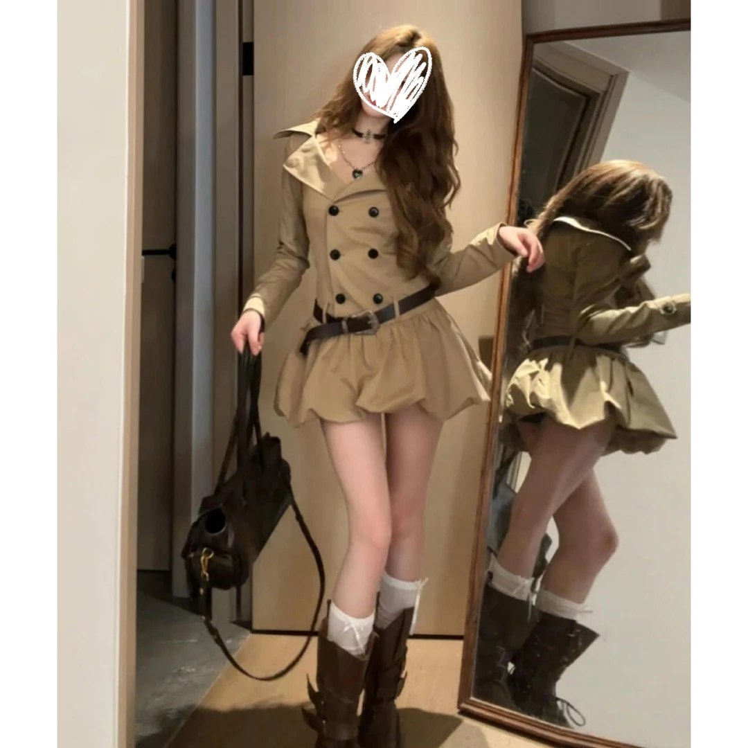 双排扣风衣式连衣裙女秋新款复古小个子长袖大翻领花苞短裙00609