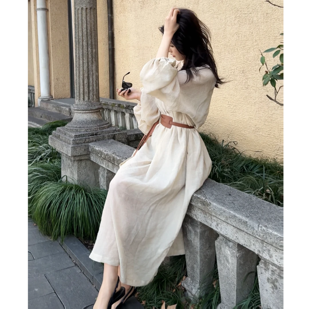 ｛三免一清仓福利｝【卡布奇诺】显瘦百搭气质中长款送腰带慵懒感裙