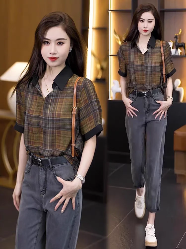 冰感格子衬衫女短袖2025夏季新款时尚洋气设计感减龄休闲套头小衫