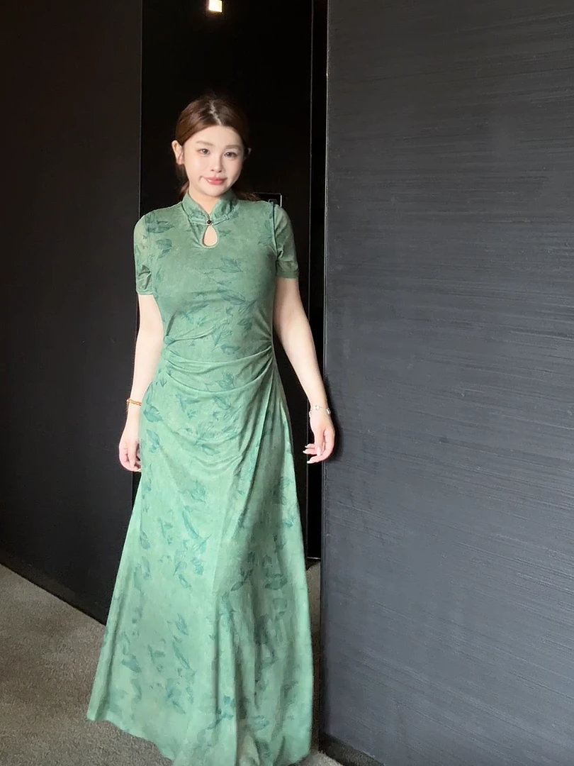 【一茹】微胖mm新中式国风清冷感绿色旗袍女网纱复古气质连衣裙夏