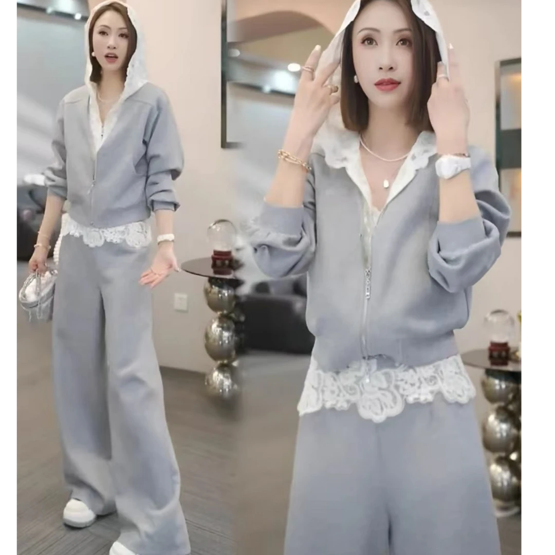 2025春秋季假两件蕾丝卫衣外套裤子套装女休闲设计时尚减龄两件套