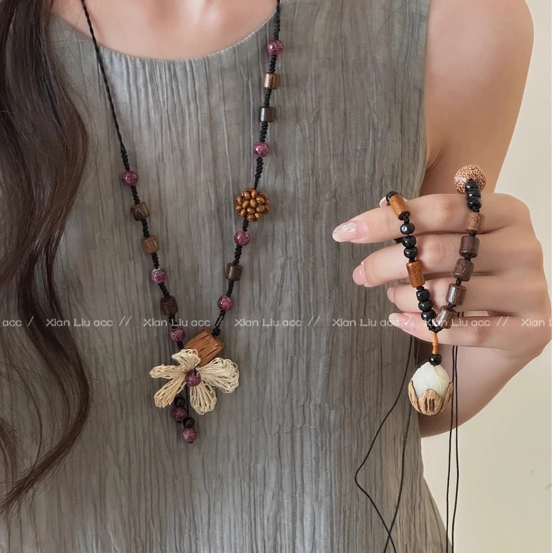 铜布艺项链 新中式花朵项链女高级感民族风长款锁骨链毛衣链配饰