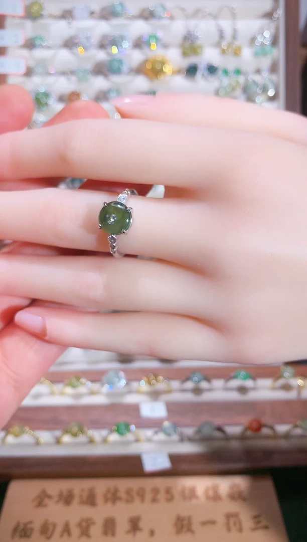 银S925镶嵌戒指翡翠S925银镶翡翠平安扣女饰品
