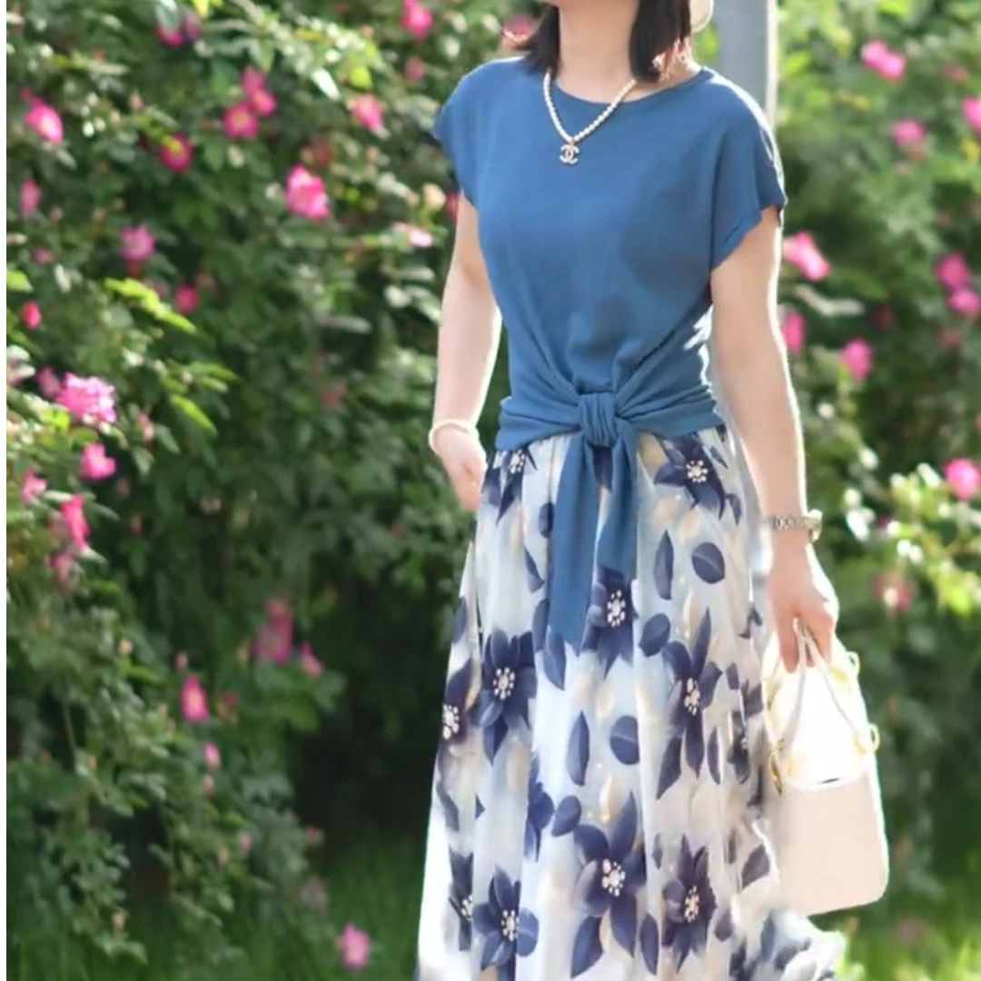 [工厂直销套装]夏季新款多巴胺圆领短袖超仙碎花半身裙99414+Q239