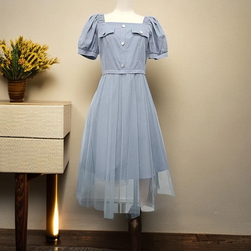 夏季新款法式牛仔拼接网纱高级感长裙T240