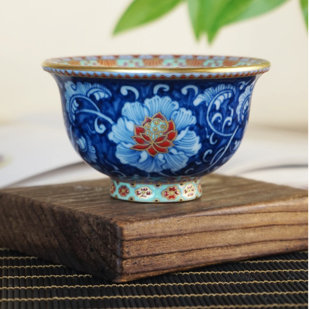 百蕙堂手绘敦煌原矿珐琅彩牡丹压手杯带内绘纯手工手绘景德镇茶杯