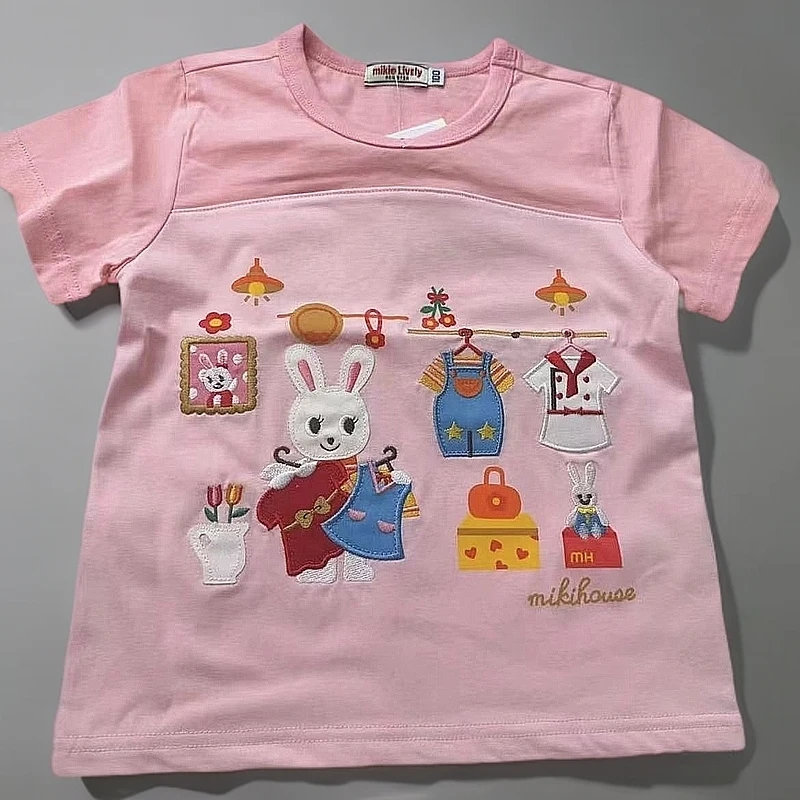 新款儿童女童夏季半袖重工刺绣衣橱兔子款圆领针织女宝短袖36120