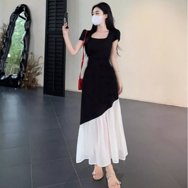 大码夏季新款胖MM法式设计感拼接裙子小众收腰显瘦气质连衣裙1519