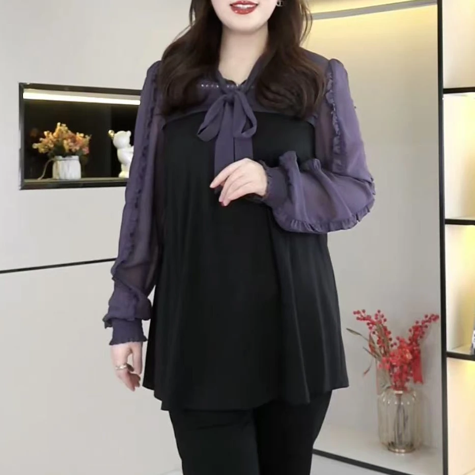 胖珍珍宽松遮肚春秋款大码气质洋气时尚显瘦休闲蝴蝶结上衣ZB4998