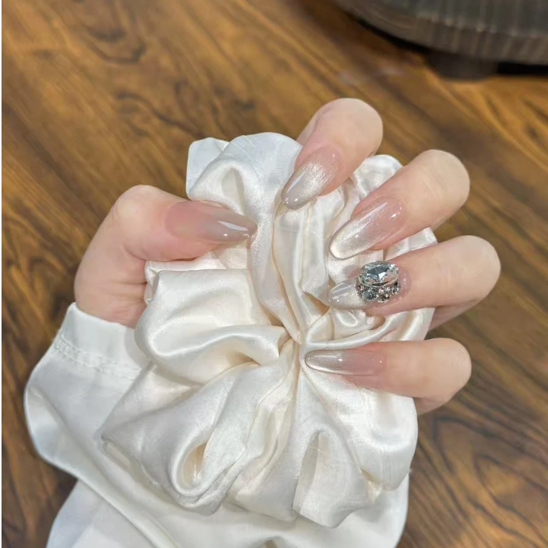 穿戴甲纯欲粉色高光穿戴式猫眼短中长短杏仁美甲贴片合集47