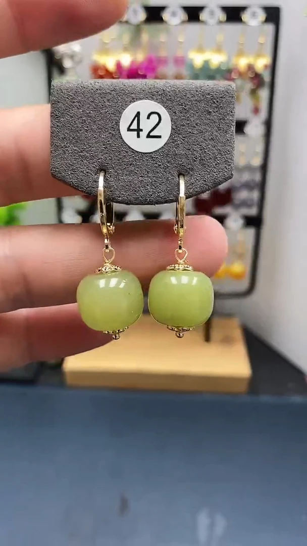 和田玉银S925镀金镶嵌耳饰尺寸14mm耳扣桶珠