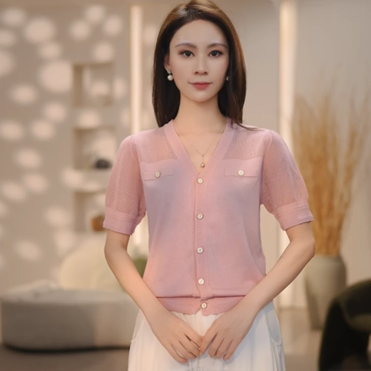 V领小香风短高级感开衫2025夏季新款简约气质修身显瘦短袖针织衫