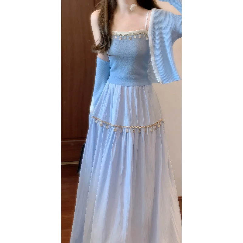 法式温柔绝美贝壳装饰半裙&小吊带&针织防晒空调开衫甜美套装9383