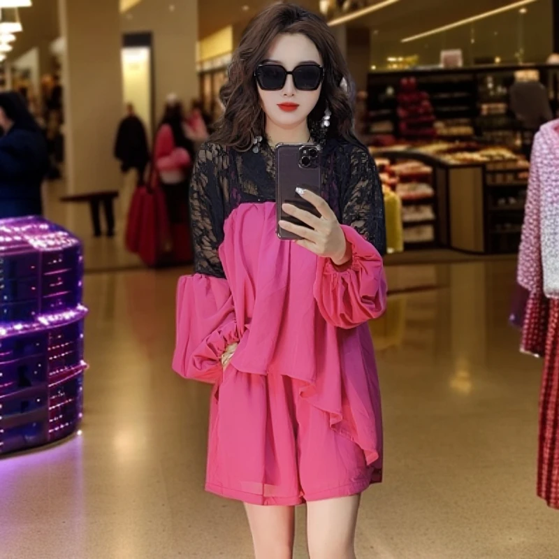 飞哥家设计感宽松雪纺拼接蕾丝中长款洋气百搭衬衫套装