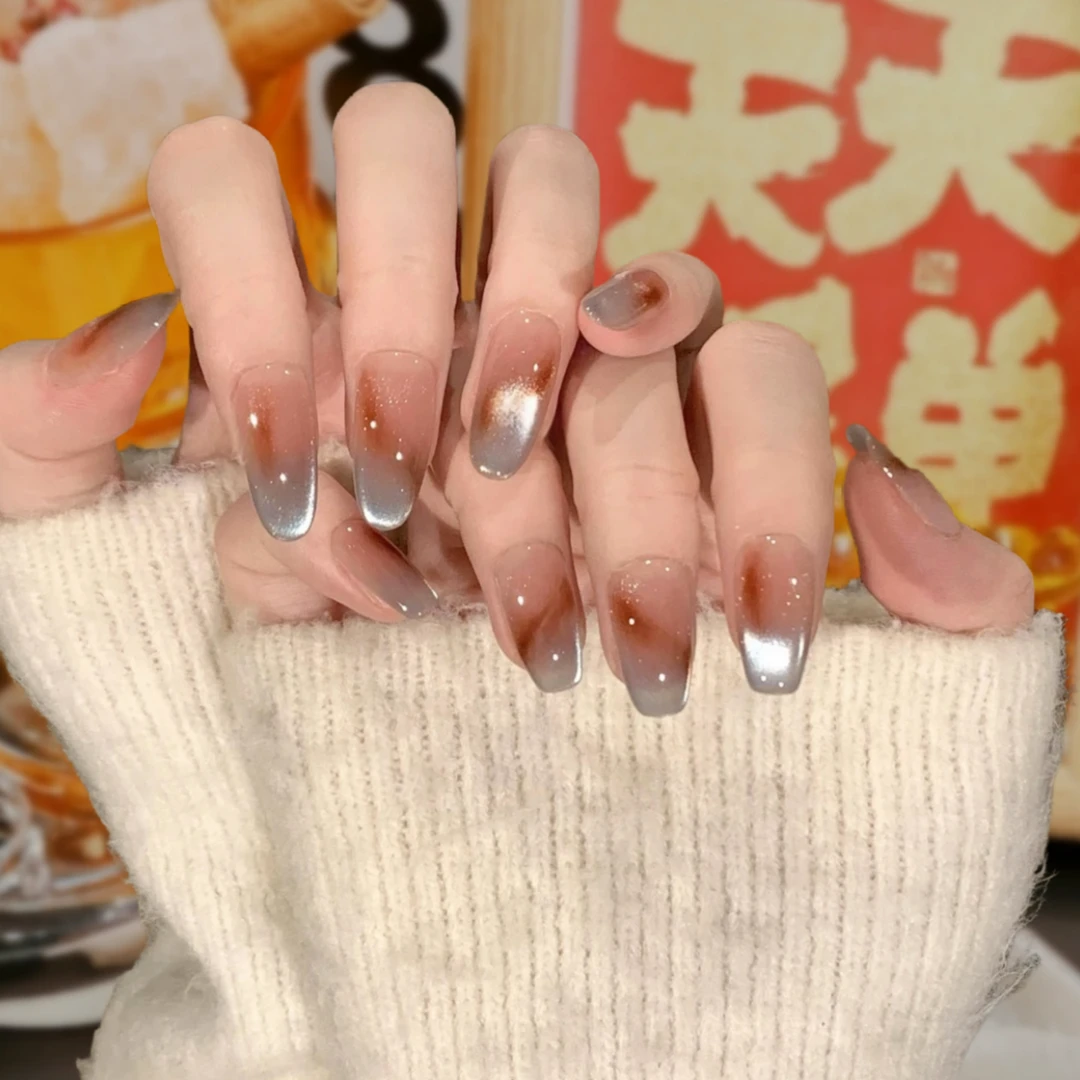 【时间海】手工穿戴甲美拉德晕染拆卸短款高级感秋冬穿戴甲美甲贴片