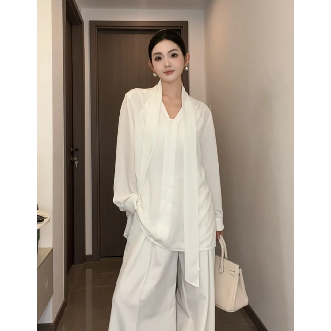 2025早秋新款白色v领飘带衬衫女装设计感小众中长款上衣#6626