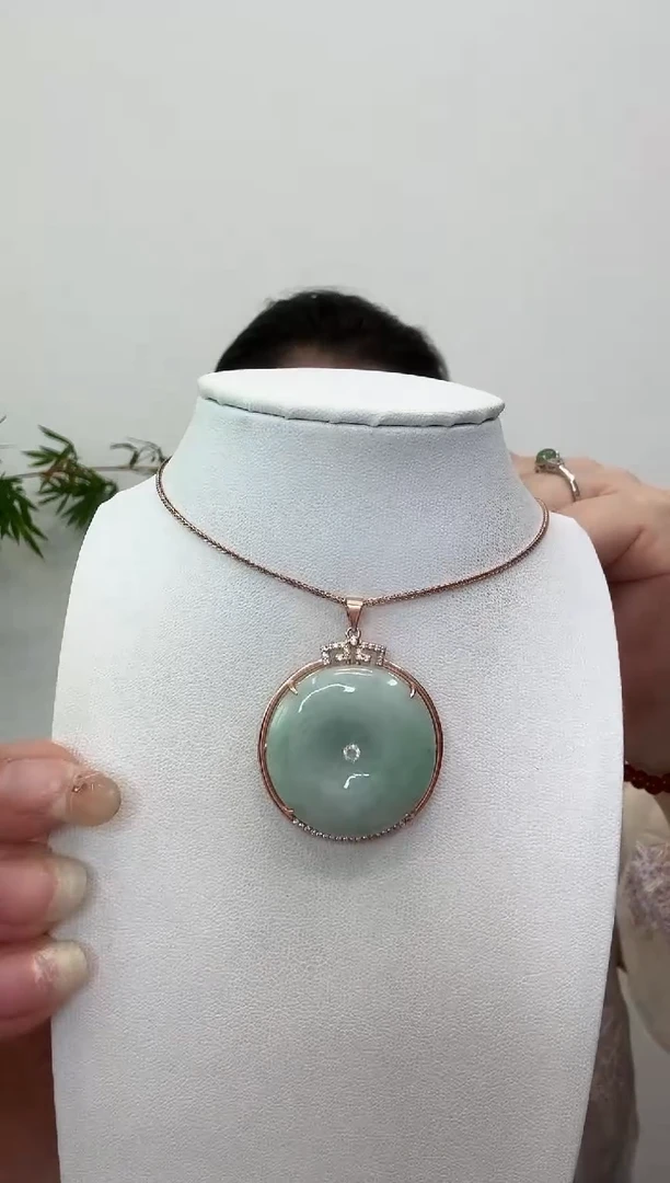 翡翠银S925镶嵌吊坠(赠链)平安扣玫瑰银边