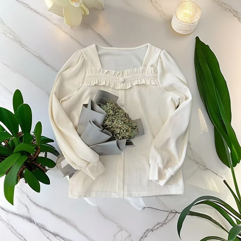 早春韩版大码女装新款方口领T恤女拼接木耳边显瘦百搭打底衫