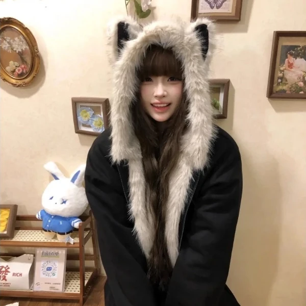 黑色座山雕猫耳朵连帽棉服男女冬季加绒加厚上衣美式毛领棉衣外套
