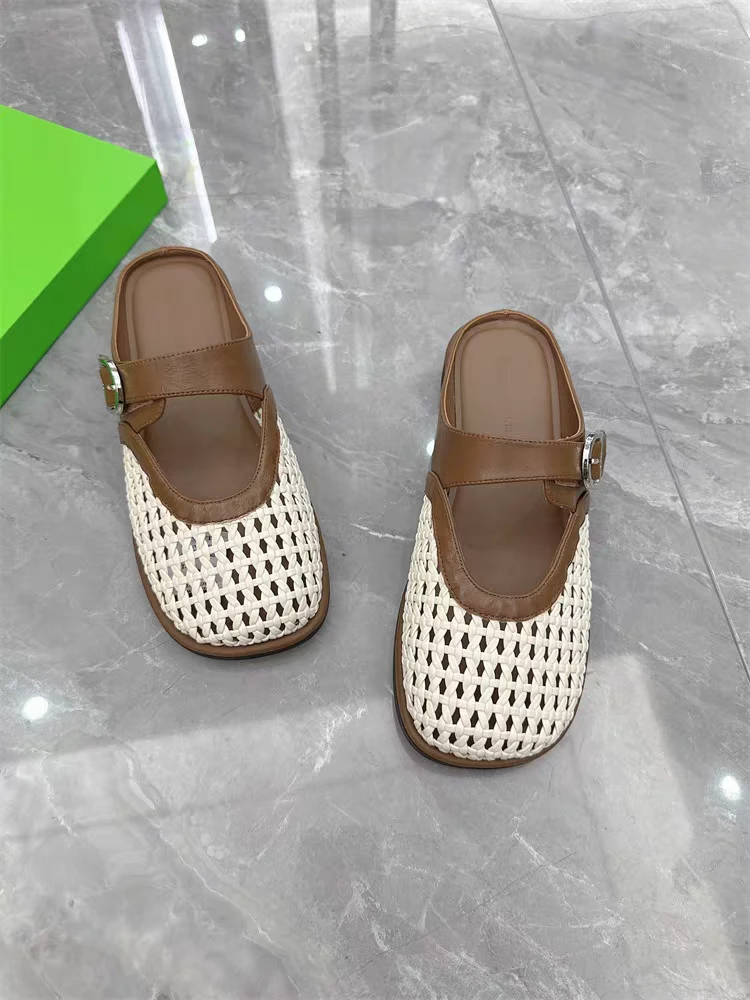 新款夏季包头纯色休闲日常浅口厚底包头拖半拖平底百搭时尚