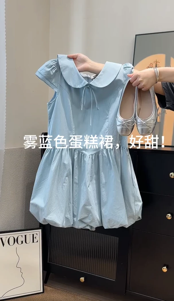 2025年夏季新款韩版时尚可爱娃娃领百搭显瘦连衣裙独特双层飞飞袖