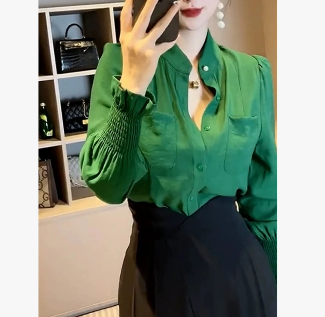 早秋新款气质简约轻奢上衣洋气百搭长袖衬衫上衣8214