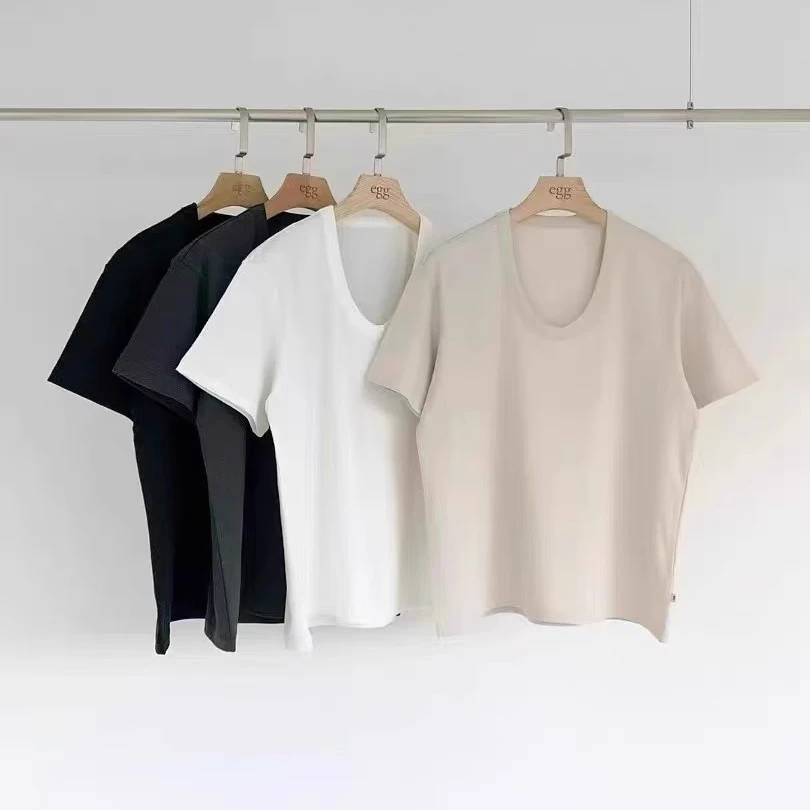 泡菜~东大门egg 2025春新鸡蛋家U领净版亲肤百搭短袖T恤