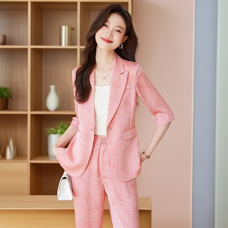 粉色醋酸西装女2025新款夏季薄款中袖气质高级感职业西服套装9767