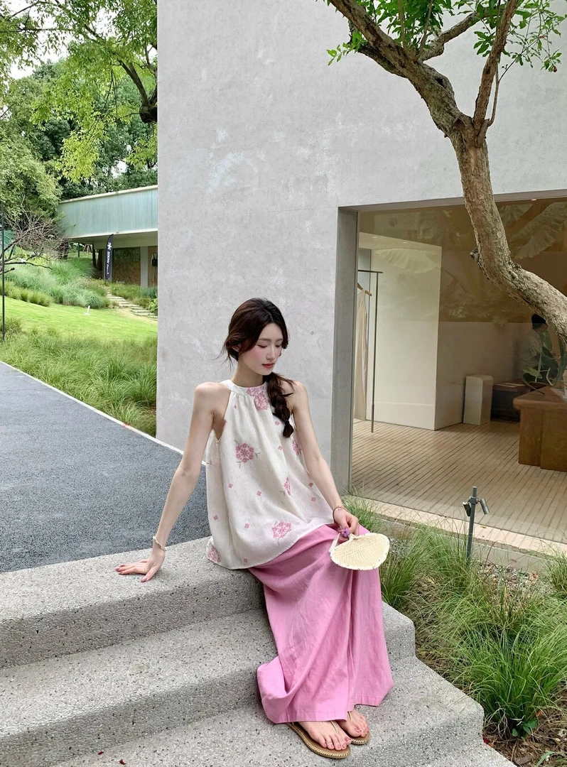 赴约极简女装套装挂脖背心吊带上衣夏季粉色宽松裤子休闲裤两件套