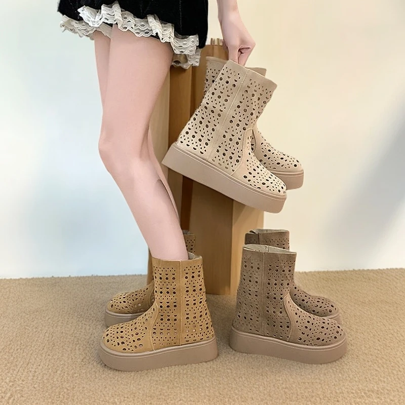 新款复古透气短靴美拉德镂空凉靴厚底增高中筒2025春夏时尚百搭潮