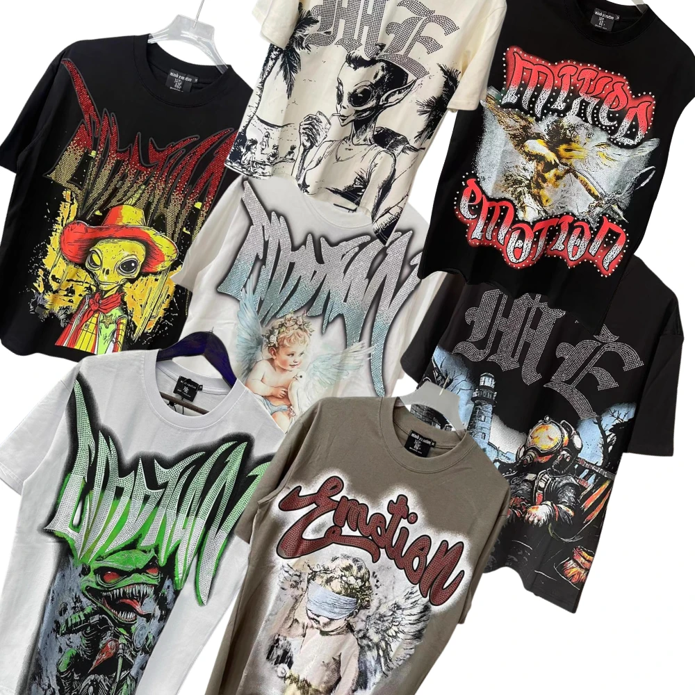 2025新款美式街头趋势MIXED EMOTION烫钻印花短袖T恤