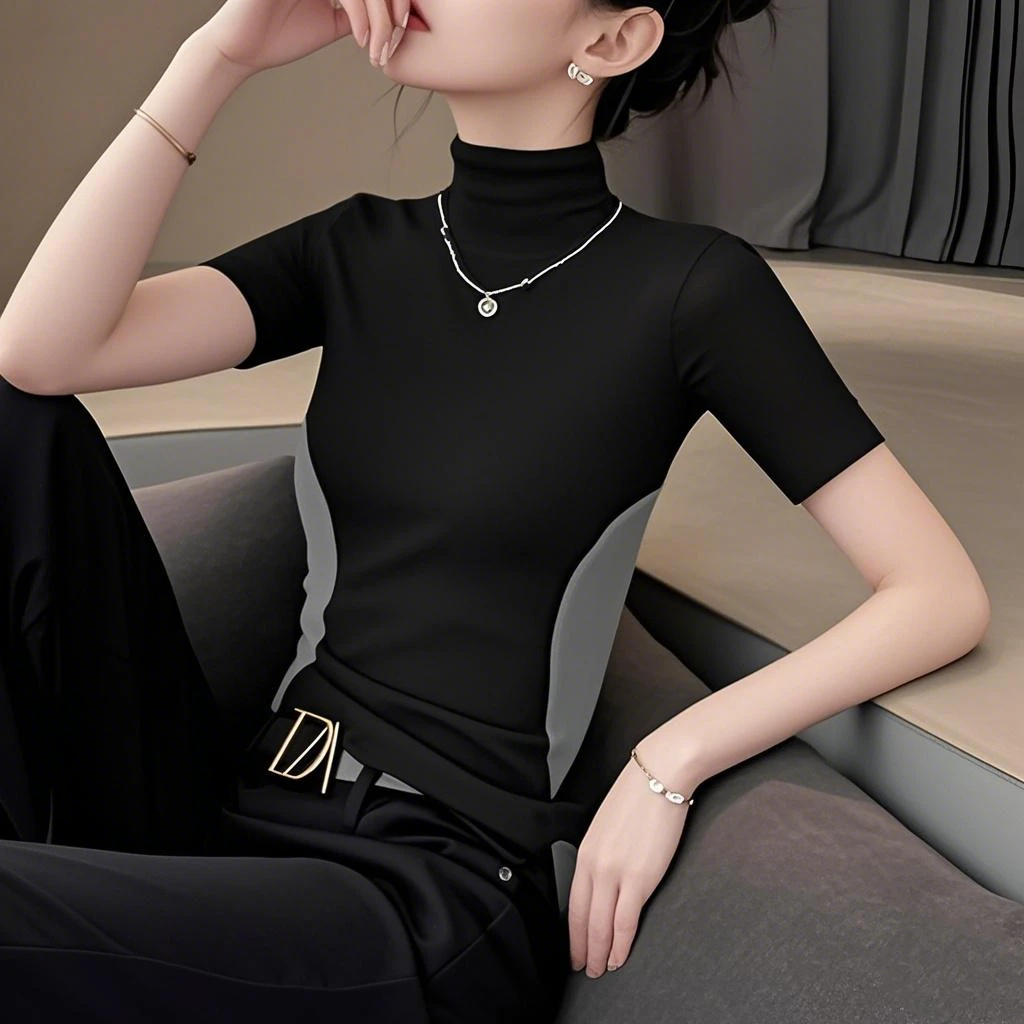 拼色螺纹T恤修身半高领短袖上衣夏季中袖内搭百搭打底衫洋气短袖t