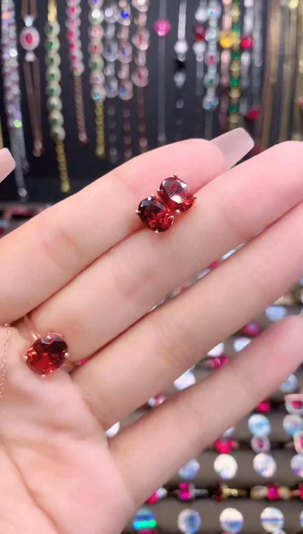 石榴石耳饰银S925镶嵌玫瑰金68