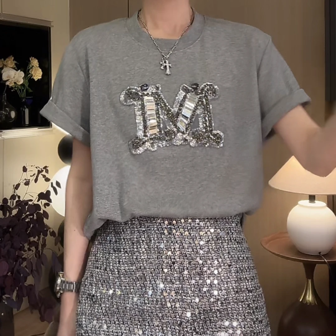 设计感奢华钉钻重工钉钻珠片短袖夏季刺绣宽松休闲百搭潮女上衣