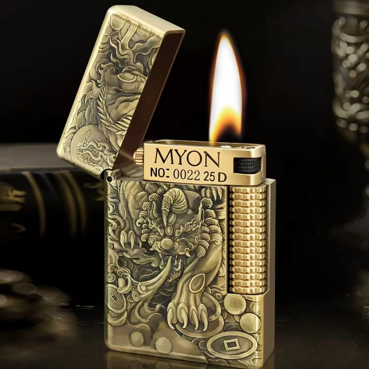 MYON欧洲勉牌M6貔貅纯黄铜防风超薄一机一码煤油打火机