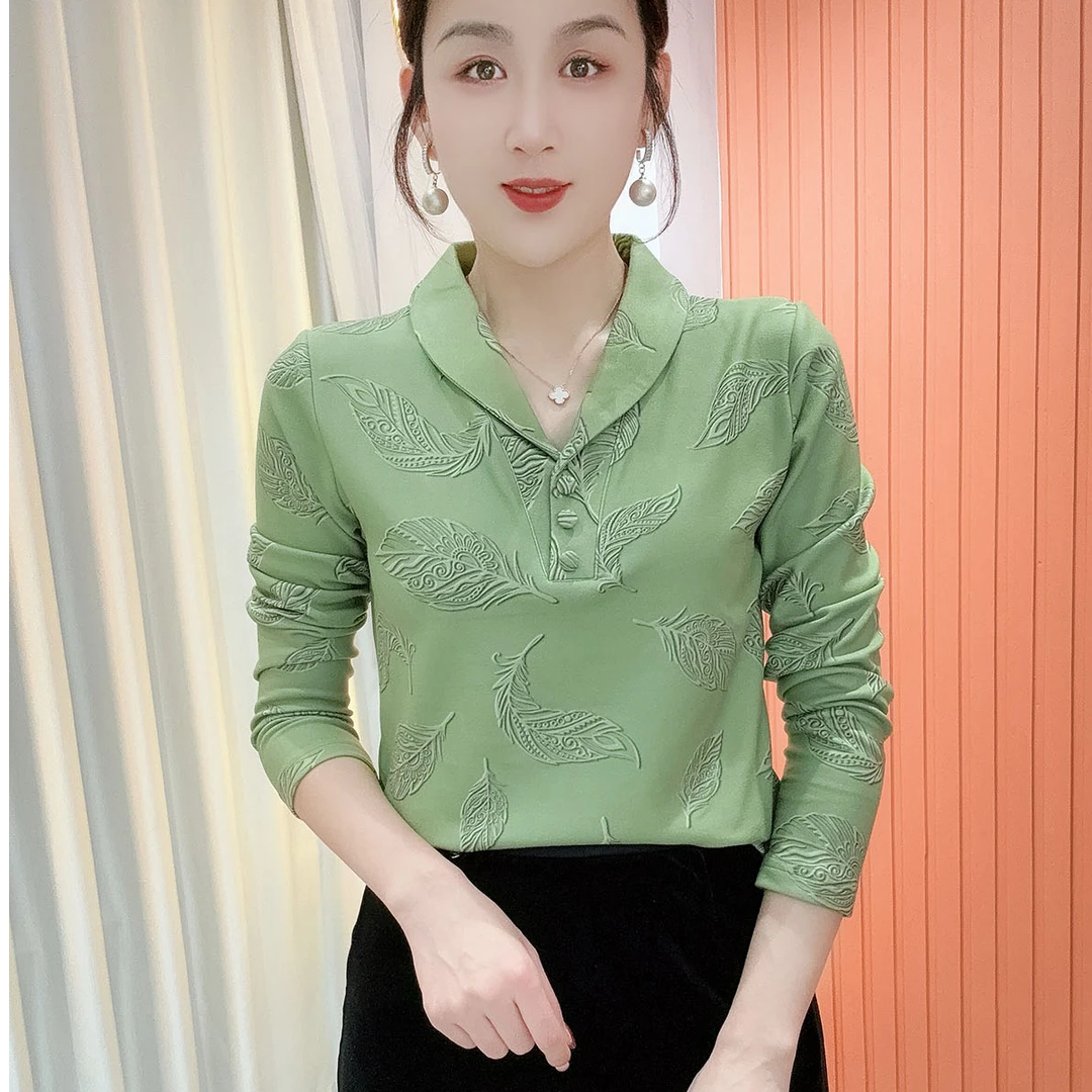 2025冬季新款翻领印花时尚气质百搭长袖修身加绒打底衫上衣女791