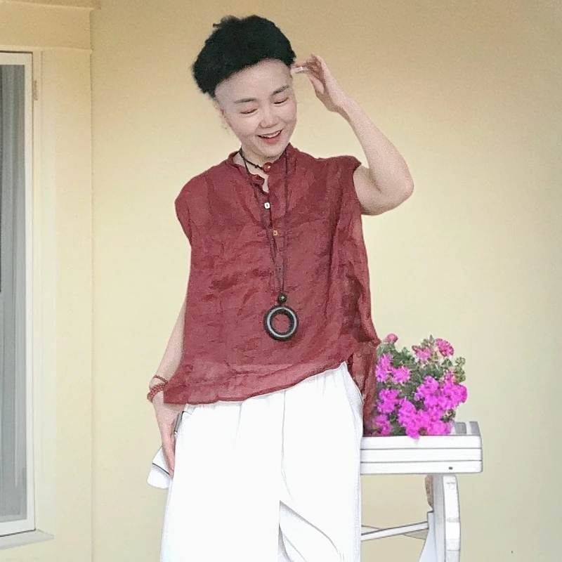 时尚前短后长苎麻套头衫