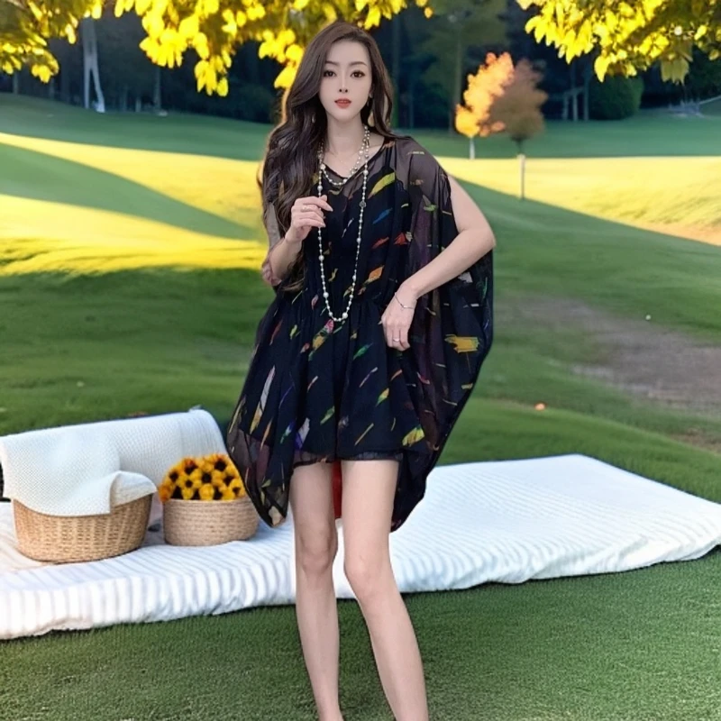 2025年夏季新款印花真丝短裙女宽松大码遮肉蝙蝠袖桑蚕丝短裙