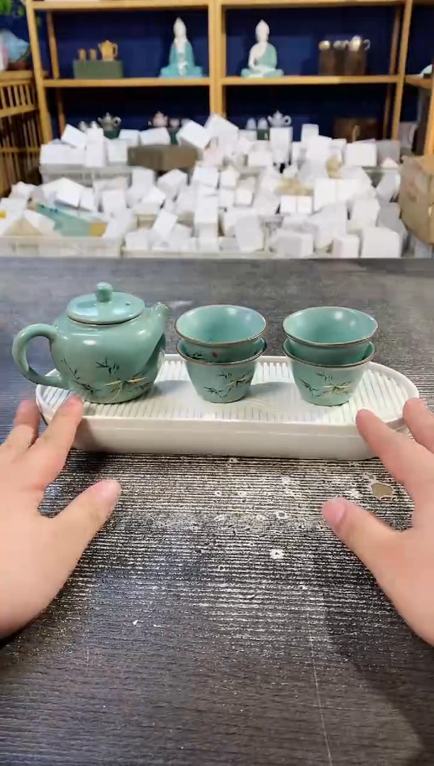【闪购商品】其他天青汝窑富竹手执壶+4杯+茶盘