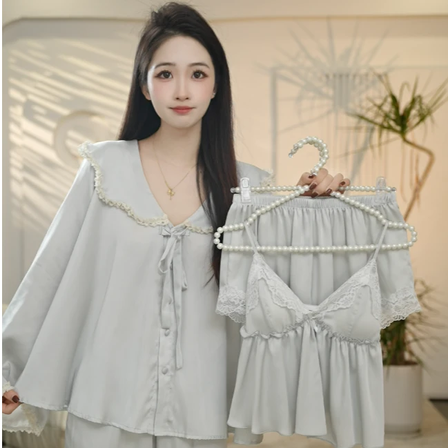 VINEEMAN【冰川蓝】甜茶春秋蕾丝花边钻扣女长袖长裤家居四件套