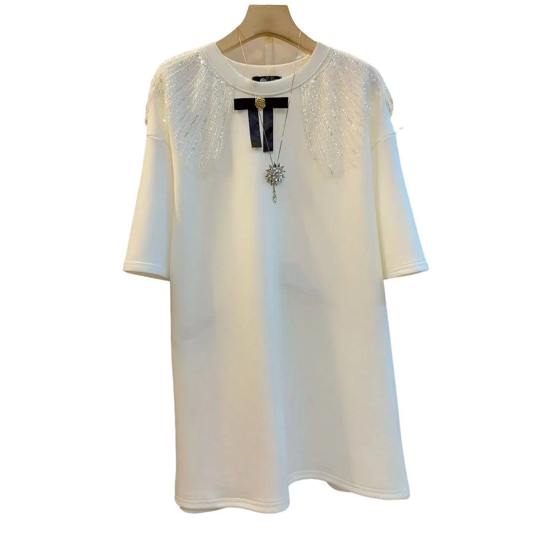 洋气新款半袖圆领重工拼接高级感减龄百搭上衣（长79左右）