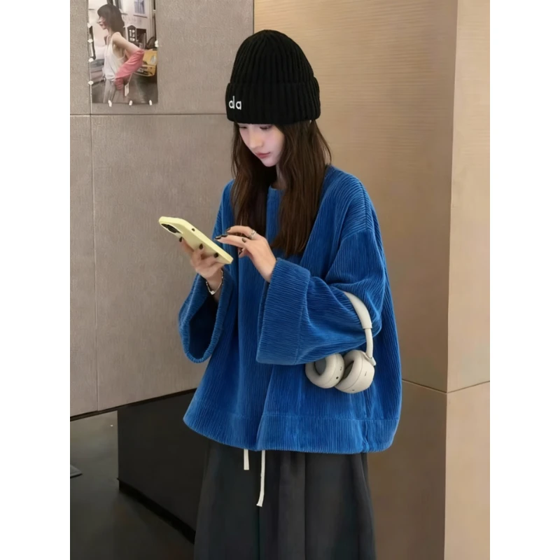 巨好看的深蓝色灯芯绒卫衣秋冬女款加厚宽松慵懒风超好看韩系上衣