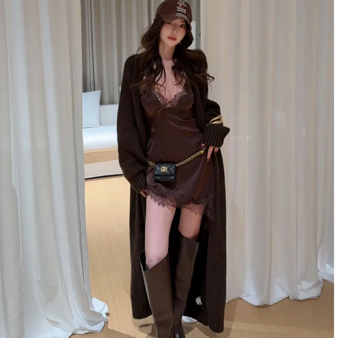 美拉德咖色毛衣外套女长款过膝慵懒风宽松软糯2025秋冬针织开衫