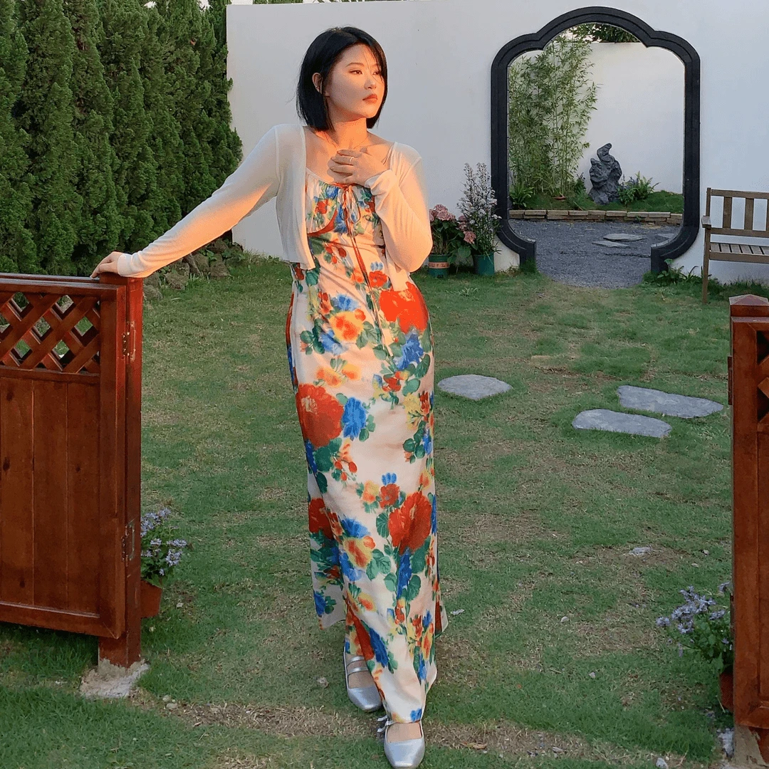 清【油画少女】新款气质遮肉显瘦印花吊带连衣裙大码女装-S1037