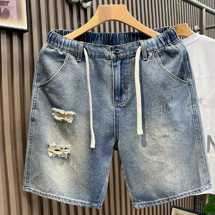夏季男生破洞松紧腰牛仔短裤潮牌高级感蓝色大码五分百搭休闲裤子